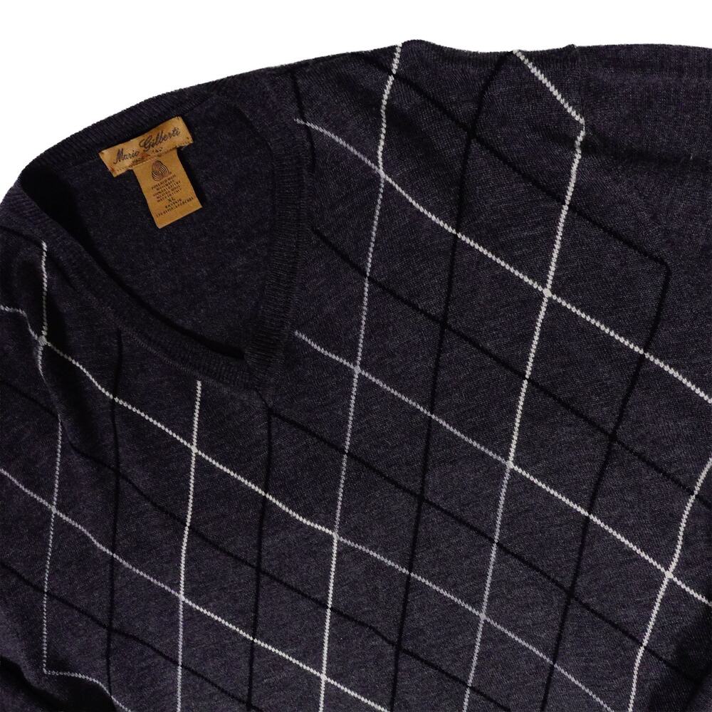 Mario Gilberti Merino Wool Gray Argyle V Neck Sweater Made in Italy Men's XL